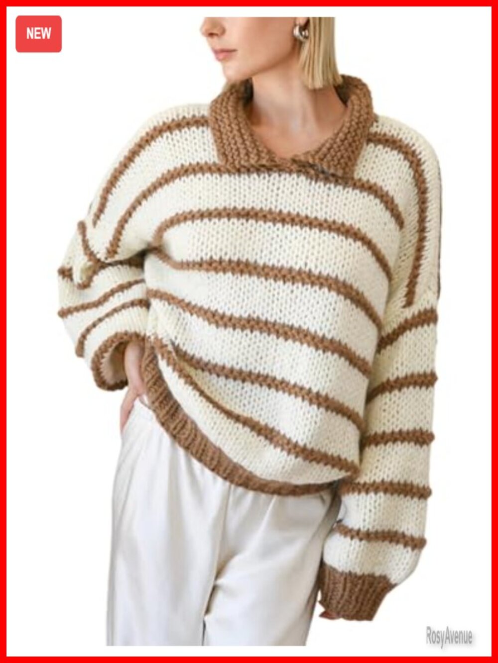 Striped Oversized Knit Pullover Sweater Crewneck Balloon Sleeve